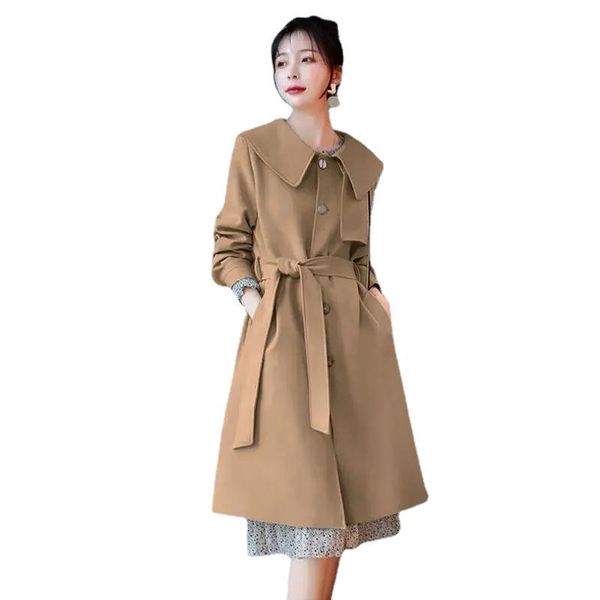 

women's trench coats elegant windbreaker mid-length 2021 spring autumn korean style loose and thin fashion temperament casual jacket, Tan;black