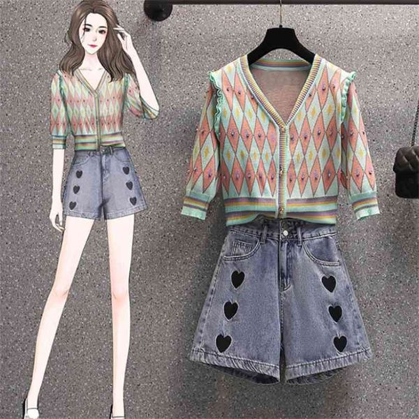 

summer retro 2 piece sets fashion knit half sleeve cardigan + high waist denim shorts suit 210519, White