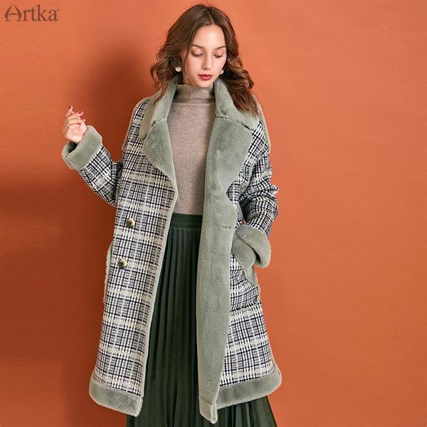 

women's wool & blends artka winter women woolen coat vintage plaid thicken warm long outwear double-breasted lapel fur wa10294d b91j, Black