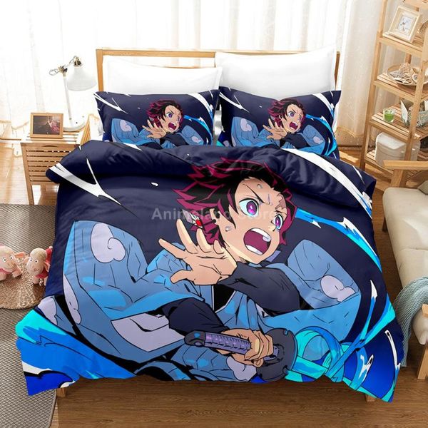 

bedding sets tanjirou kamado set 3d anime duvet covers pillowcases bedclothes home textile cartoon  king size kids demon slayer