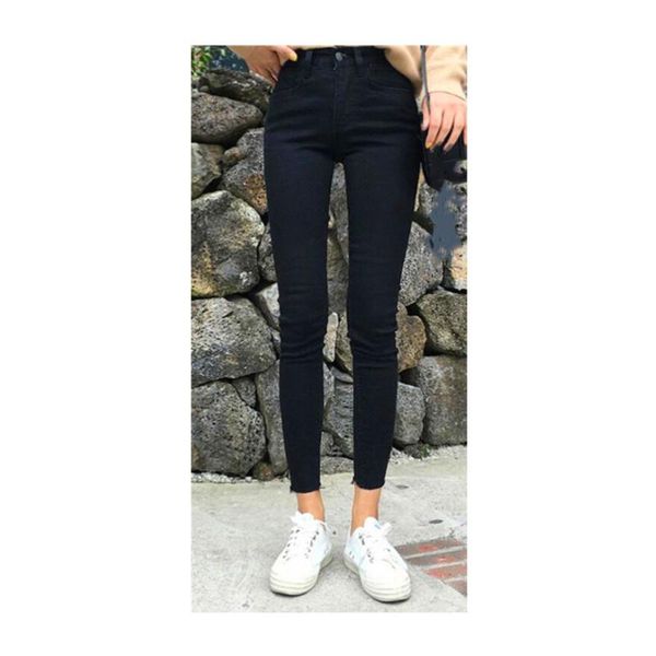 

high waist korean slim elastic feet pants black plus fleece brown super soft women's jeans, Blue