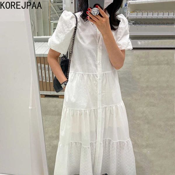 

korejpaa women dress summer korean chic sweet temperament lapel single-breasted lace crochet stitching puff sleeve vestidos 210526, Black;gray