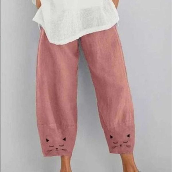 

casual dresses cotton and hemp cat print capris for women in summer, Black;gray