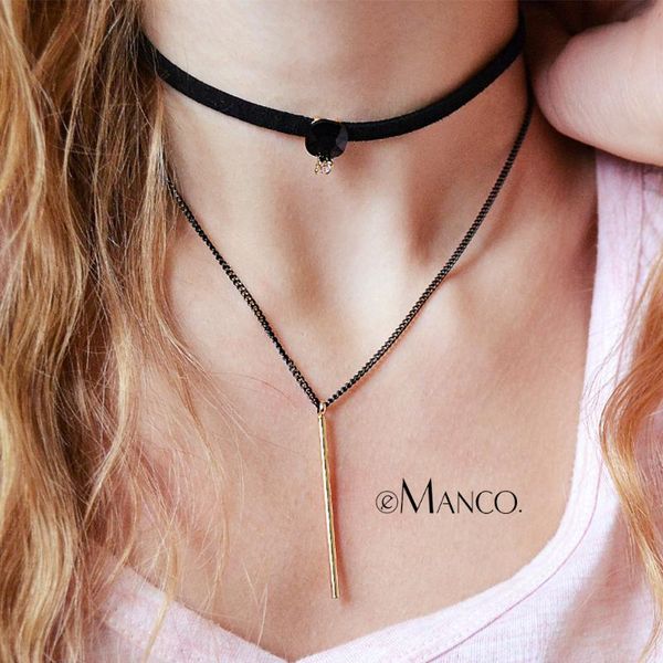 

chokers layered necklace women gothic black leather tattoo necklaces with stone copper pendant bijouterie, Golden;silver
