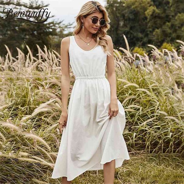 

round neck wash cotton white long dresses summer women high waist sleeveless female casual a-line dress 210510, Black;gray