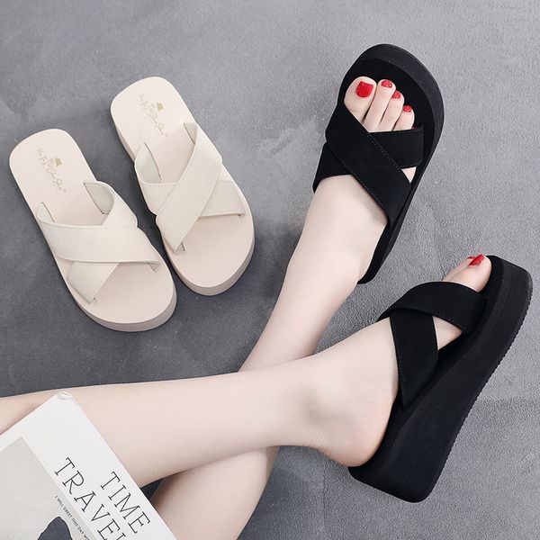 

luxury slippers women's slippers wear cross slope high heel fashion summer thick bottom herringbone trawl red cool drag, Black