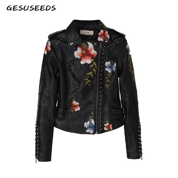 

women's leather & faux floral embroidery coat black jacket white biker motorcycle women zipper punk autumn winter 2021