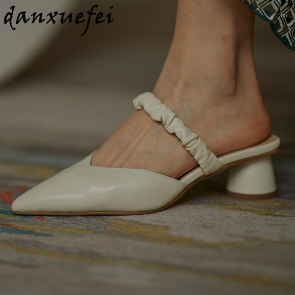 

sandals women's genuine leather pleated elastic band slip-on med heel comfortable pumps pointed toe elegant ladies dress shoes1, Black