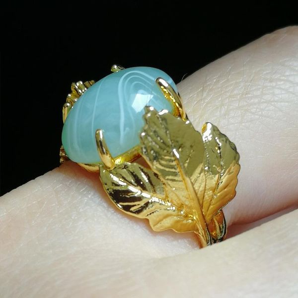

wedding rings fdlk vintage solid yellow gold color natural green leaf ring women engagement party jewelry, Slivery;golden