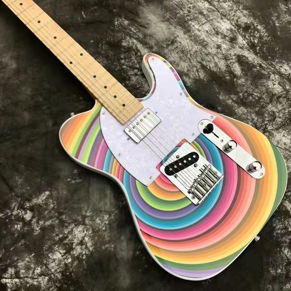 

6 strings rainbow electric guitar with white pearl pickguard,maple fretboard