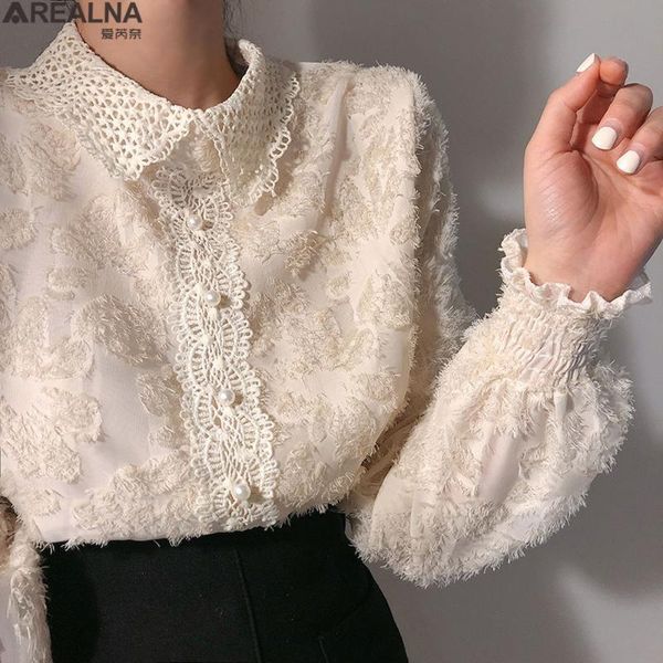 

women's blouses & shirts blouse women 2021 lace patchwork long sleeve ol solid vintage jacquard loose lapel, White
