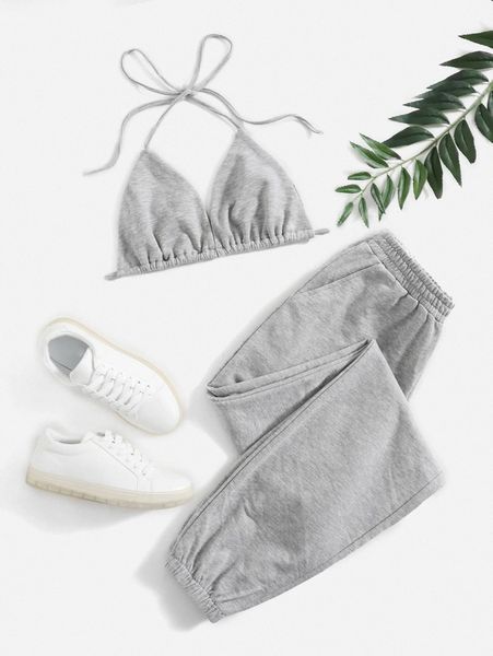 

solid crop halter & sweatpants z8gr#, White