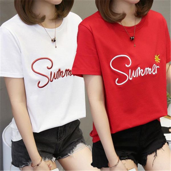 

women's t-shirt 2021 summer fashion style round neck short sleeve loose large size embroidery letters female trendy, White
