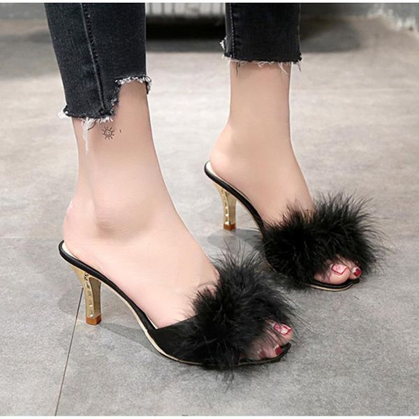 

slippers 2021 summer fur woman feather high heels ladies peep toe mules lady slides shoes plus size fashion, Black