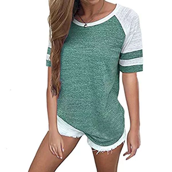 

women's t-shirt round neck multi color size short sleeve splicing 2k48, White