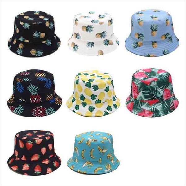 

summer two sides wear reversible bucket hat bohemian pineapple watermelon fruits printing foldable fisherman cap, Blue;gray
