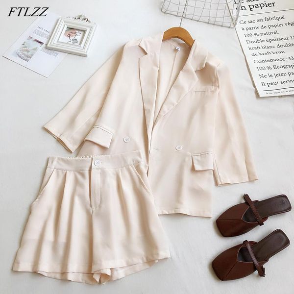 

women's tracksuits ftlzz summer arrival women casual solid notched thin blazer high waist loose shorts office lady two piece set, Gray
