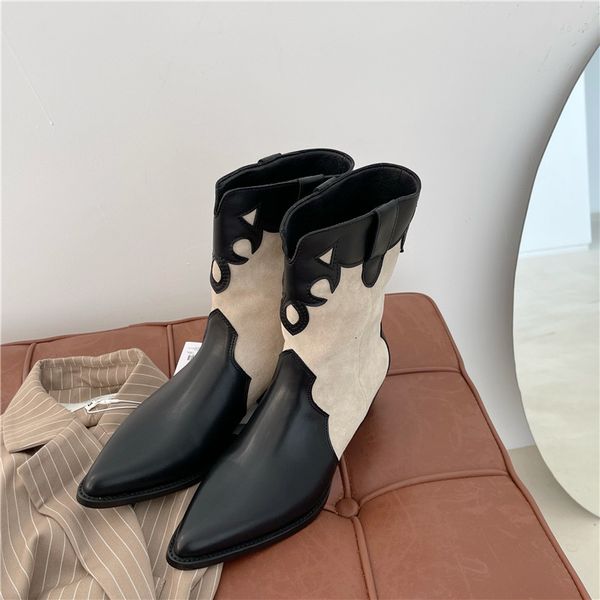 

2021 versatile suede pointed thick high heel national style cowboy middle tube flat bottomed chelsea boots, Black