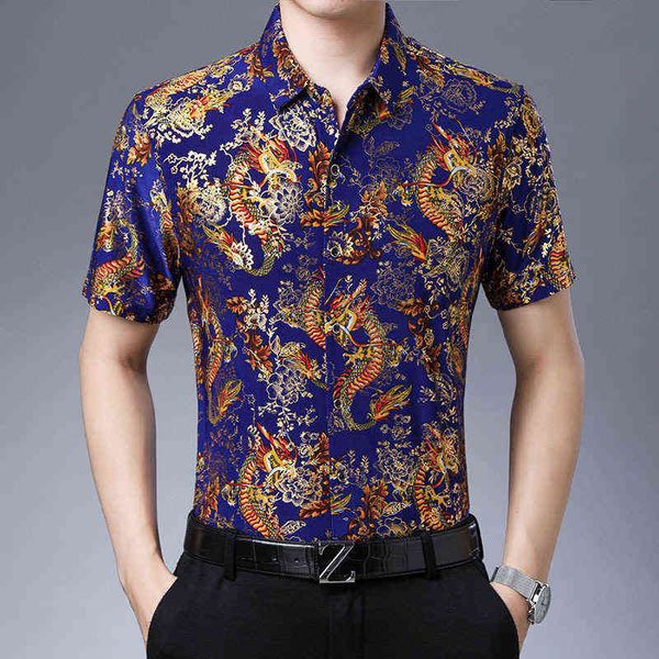 

shanghai fashion summer ice silk short sleeved flower middle-aged men's shirt thin, White;black