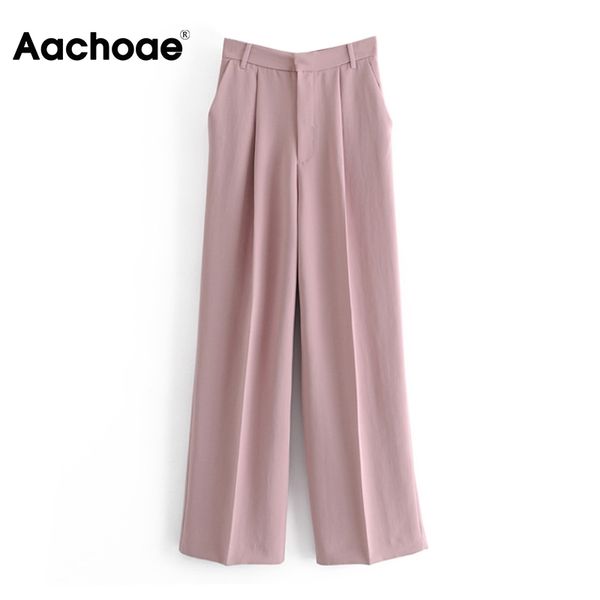 

pure elegant long women pink color office loose straight pants zipper fly pleated lady trousers pantalones mujer 210413, Black;white