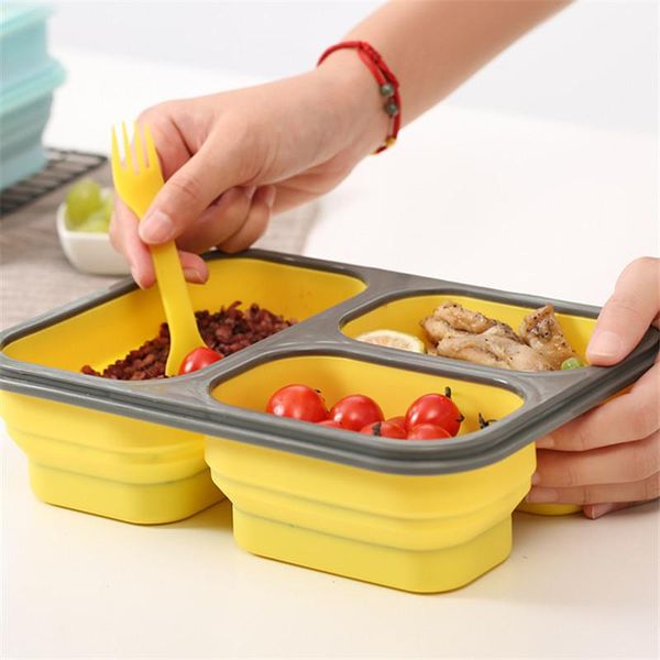 

dinnerware sets portable 3 cells silicone collapsible lunch box large capacity bowl bento microwave folding lunchbox kitchen container