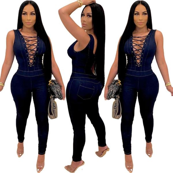 

women's jumpsuits & rompers women o-neck sleeveless bodycon jeans pencil romper skinny lace up denim casual jumpsuit overalls, Black;white