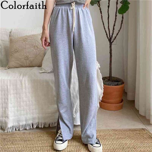 

colorfaith new autumn winter women pants high waist straight wide leg pockets ankle-length wild split lady trousers p6250 210413, Black;white