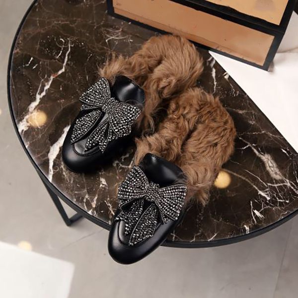 

women's casual fall and winter warm wool half slippers leather fashion diamond bow shoes size 35-41, Black