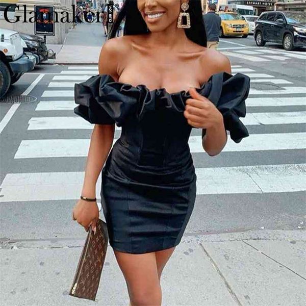 

glamaker ruffle off shoulder dress women vintage bodycon black summer dress elegant short female mini party club dress 210331, Black;gray