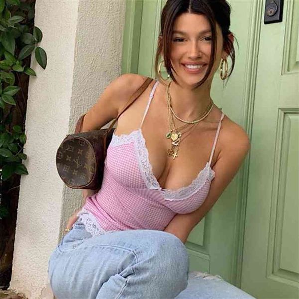 

yiciya lace checkered camis women summer v neck sleeveless crop tees plaid backless spaghetti strap street 210407, White