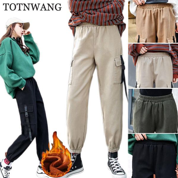 

women's pants & capris totnwang women 2021 winter plus velvet cargo casual loose pocket female fashion thicken streetwear trousers, Black;white