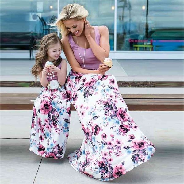 

mother daughter dresses fashion patchwork floral long dress mommy and me clothes vestido mae e filha family matching 210724, Blue