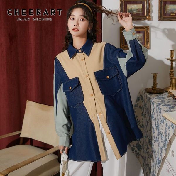 

autumn color block denim shirt women patchwork oversized loose and blouse fall korean fashion clothing 210427, White