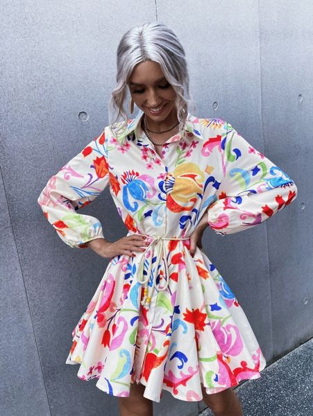 

floral print button front belted shirt dress m4ts#, Black;gray