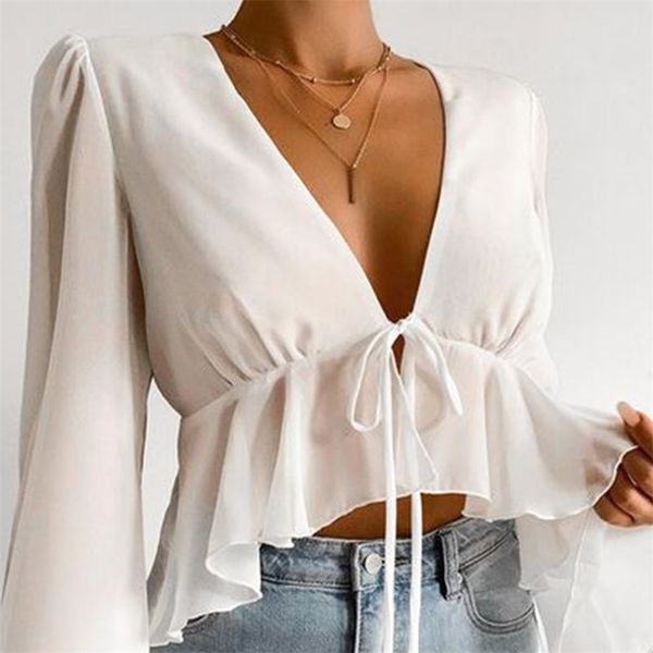 

flare sleeve white chiffon blouse shirts women autumn winter v neck ruffle pelpum sheer crop tie front 210427