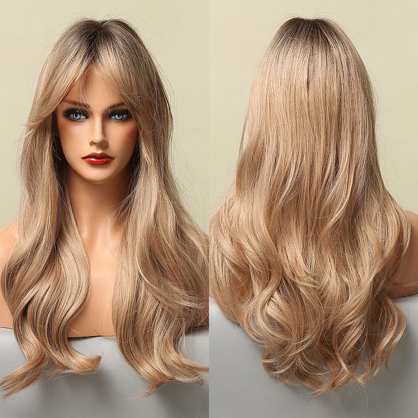 

ombre gray brown blonde synthetic wigs with side bangs long wavy wigs for women heat resistant fiber cosplay wigs daily party, Black