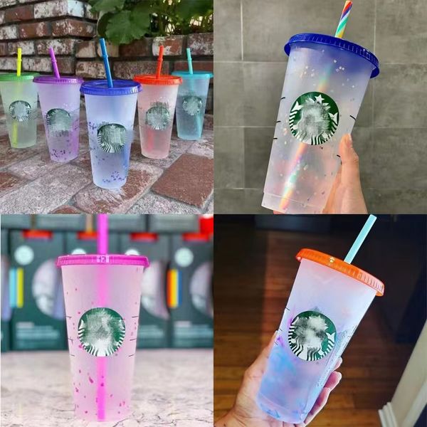 

2022 starbucks 24oz/710ml plastic mugs tumbler reusable clear drinking flat bottom pillar shape lid straw cups mug the new product for facto