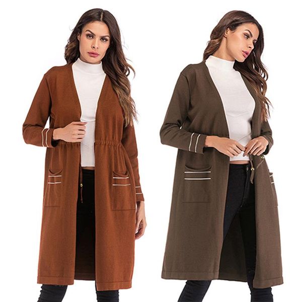 

women's knits & tees long v neck cardigan sweaters woman oversize lace up solid color sleeve slim fit knitwear jacket warm winter, White