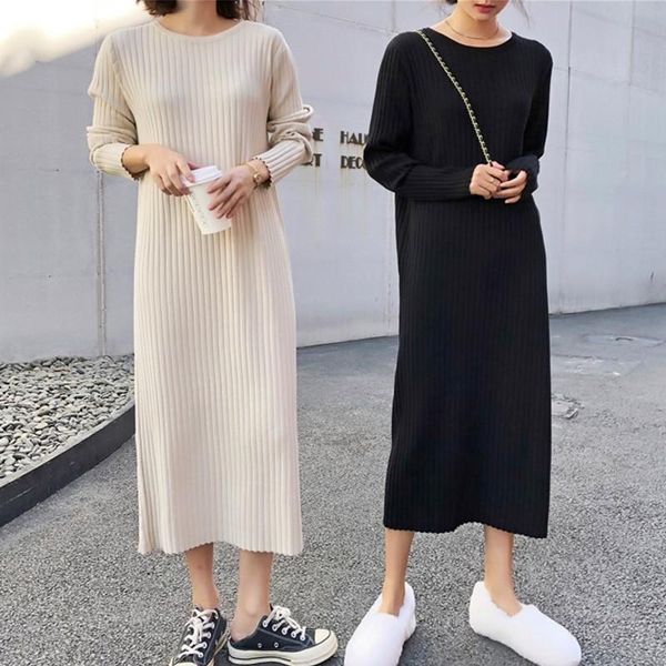 

autumn winter korea style knitted dress women thick warmlantern long sleeve midi sweater mujer casual dresses, Black;gray