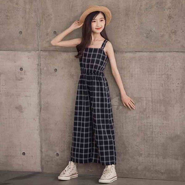 

blue plaid jumpsuits teenage girls loose trousers spring summer children wide leg pants casual overalls clothes kids 4 17 y