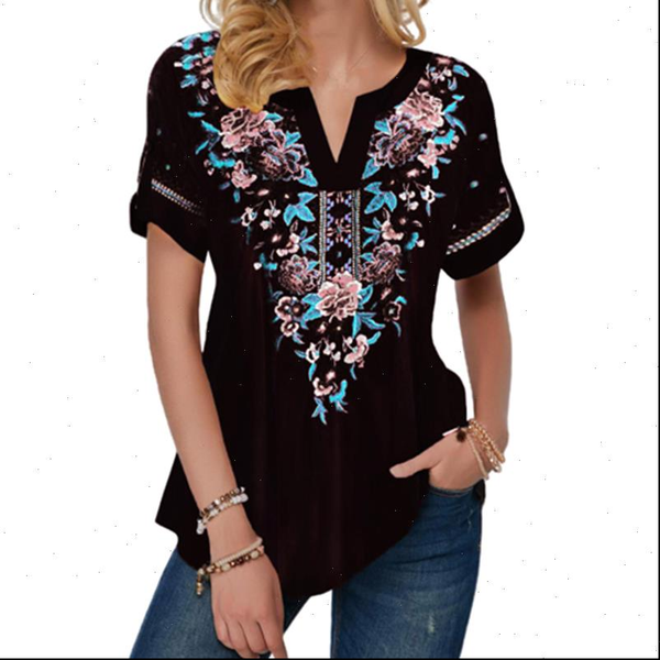 

elegant women womens t shirts floral print contrast piping summer shirt short sleeve notch neck ethnic flower casual tees, White