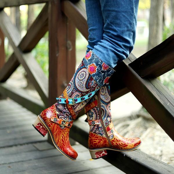 

boots knee large heavy industry printed length women's leather thick heel, Black