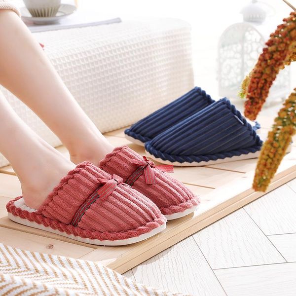 

bow cotton slippers men's home couple thickened non-slip corduroy floor women's winter shoes manufa, Black