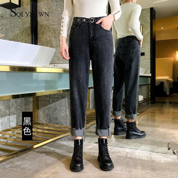 

women's jeans button high waist plus size boyfriend for women cotton black loose harem mom vintage ankle-length denim pants, Blue