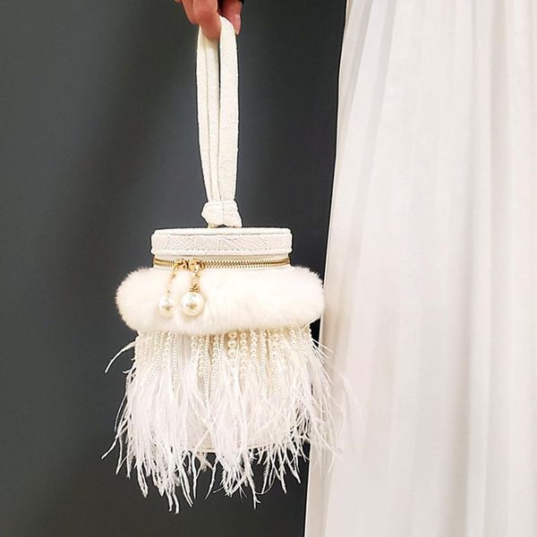 

evening bags ostrich fur bucket bag pearl totes crossbody fashion shoulder chain women purses handbags luxury designer tassel