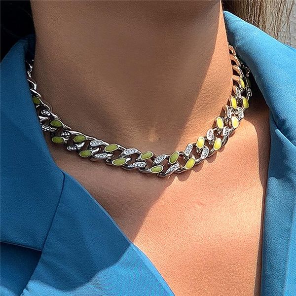 

chokers punk cuban chain necklace for women men rhinestone drop oil choker thick street hip hop jewelry collar, Golden;silver