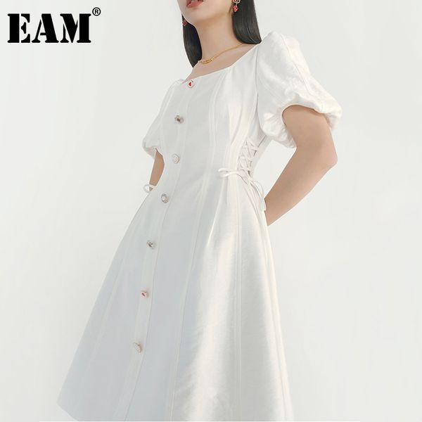 

[eam] women white zipper bandage lace dress square neck short sleeve loose fit fashion spring summer 1dd599800 210512, Black;gray