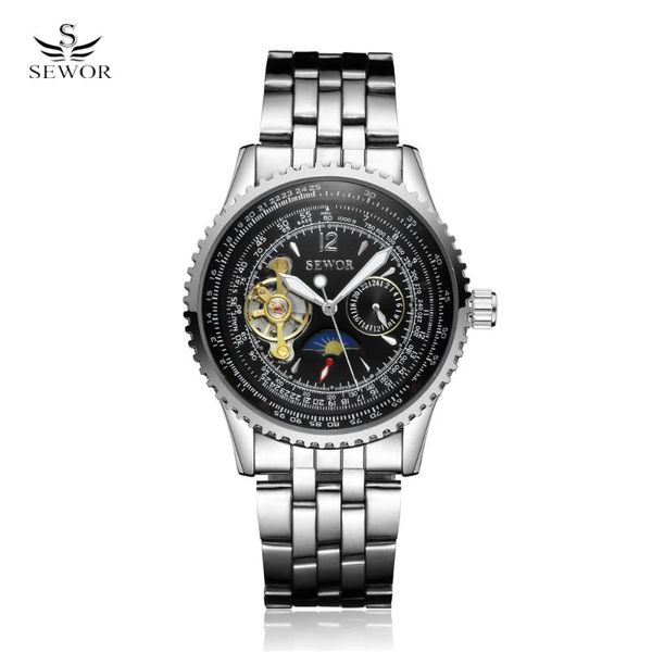 

moon phase stainless steel automatic mechanical skeleton watch for men fashion gear wrist army hombre horloge wristwatches, Slivery;brown