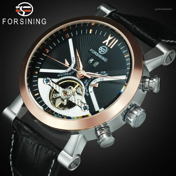 

luxury tourbillon watch men classic skeleton automatic mechanical watches genuine leather strap calendar fashion clock wristwatches, Slivery;brown