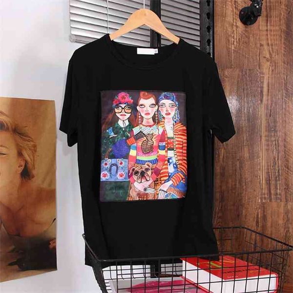 

2021 summer new harajuku style printed applique soft cotton t-shirt womens short sleeve loose plus size lady, White